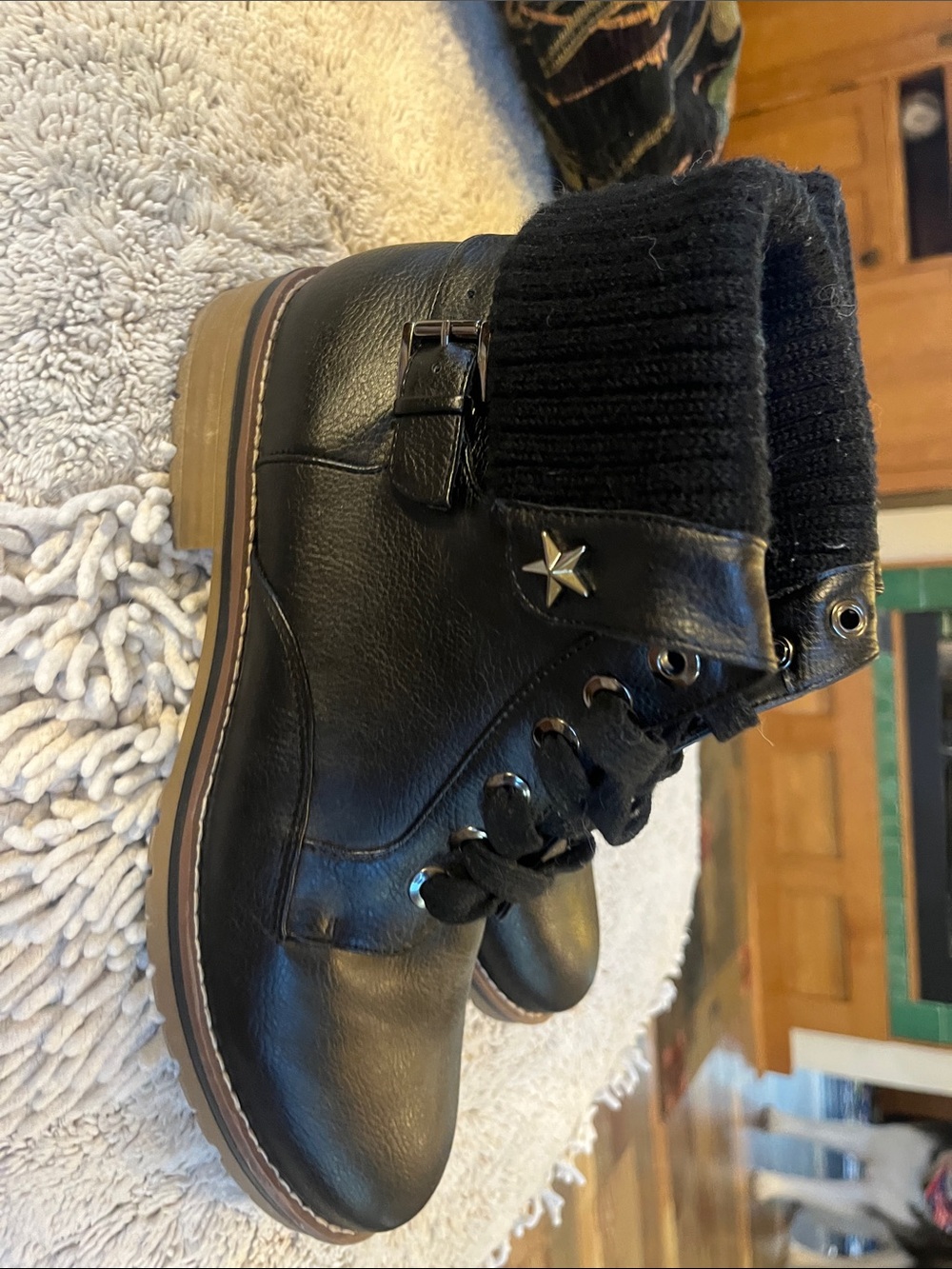 Tommy Hilfiger Black Leather Lace-Up Ankle Boots with Knit Cuff